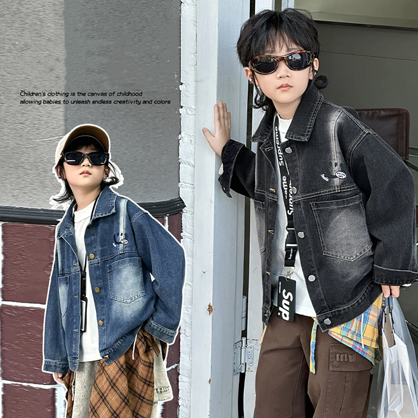 

2025 Baby Boy Denim Jacket Kids Spring Autumn Cargo Trench Jacket Toddler Child Streetwear Boy Casual Smile Face Coat Age 4-14Y