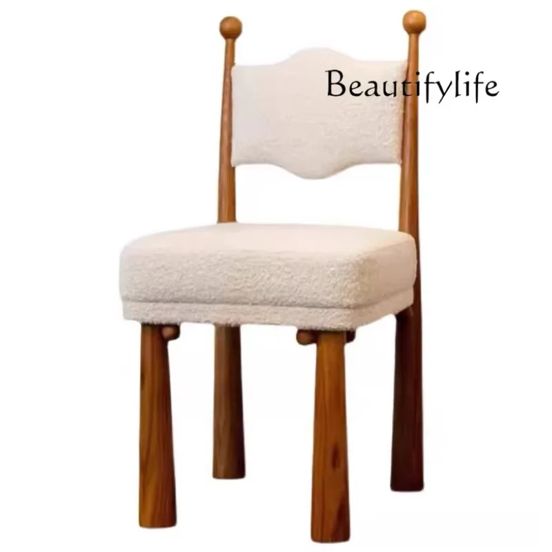 X36 Nordic Retro Designer Solid Wood Dining Chair Simple Home Light Luxury Bedroom Lamb Wool Dressing And Makeup Chair