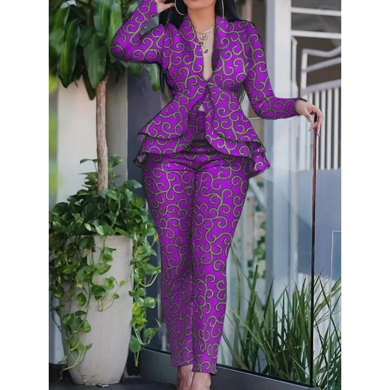 2024 Spring New Slim Fit Printed Two-Piece Suit Suit Women\'s Long Sleeve Ruffles Blazer High Waist Pencil Pants Trousers Suit