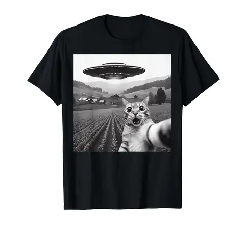 Cat Selfie with Alien UFO Funny Cat Gifts for Men Women Kid T-Shirt Summer Oversized T Shirt Streetwear Harajuku Men Clothing