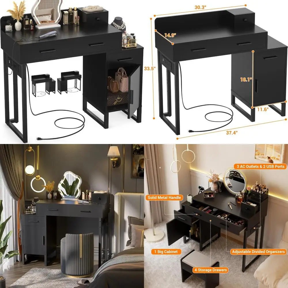 

Contemporary Makeup Vanity Desk with 4 Drawers, Charging Port, and Reversible Cabinet in Black