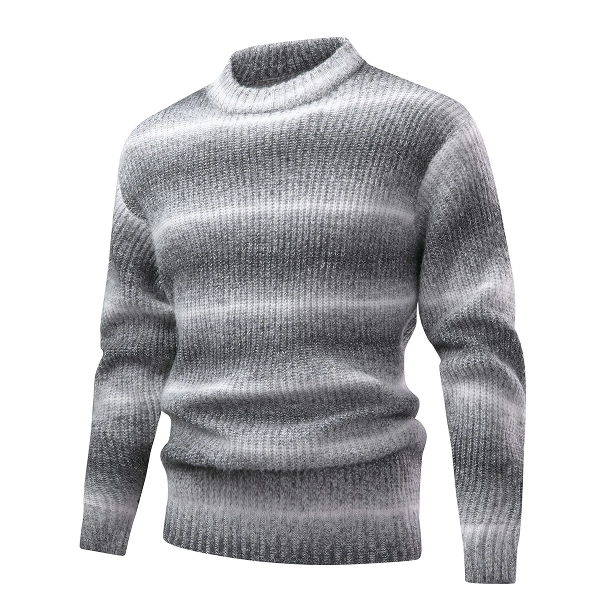 Men's new thick warm pullover knit sweater, striped crew neck sweater, simple daily casual style