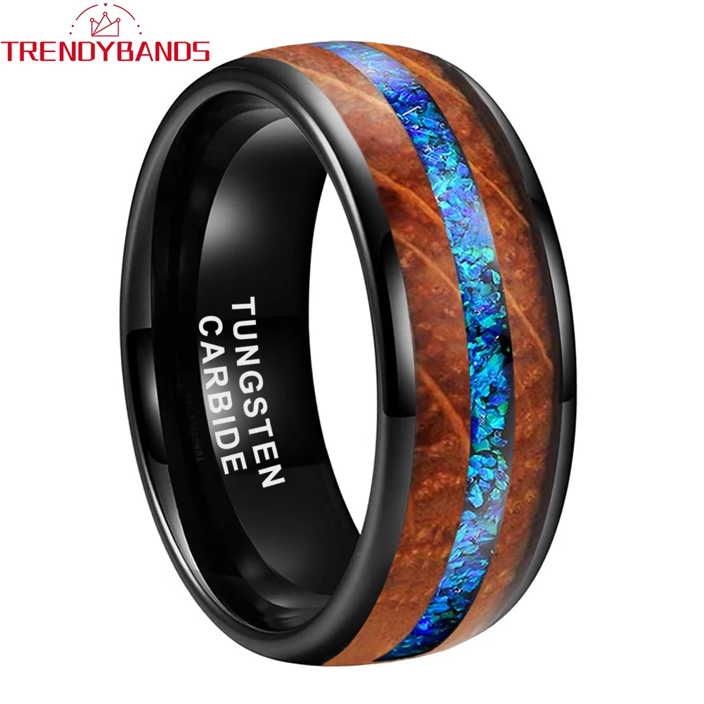 

8mm Tungsten Carbide Engagement Rings for Men Women Wedding Band Fashion Jewelry Blue Opal Whisky Barrel Inlay Domed Comfort Fit