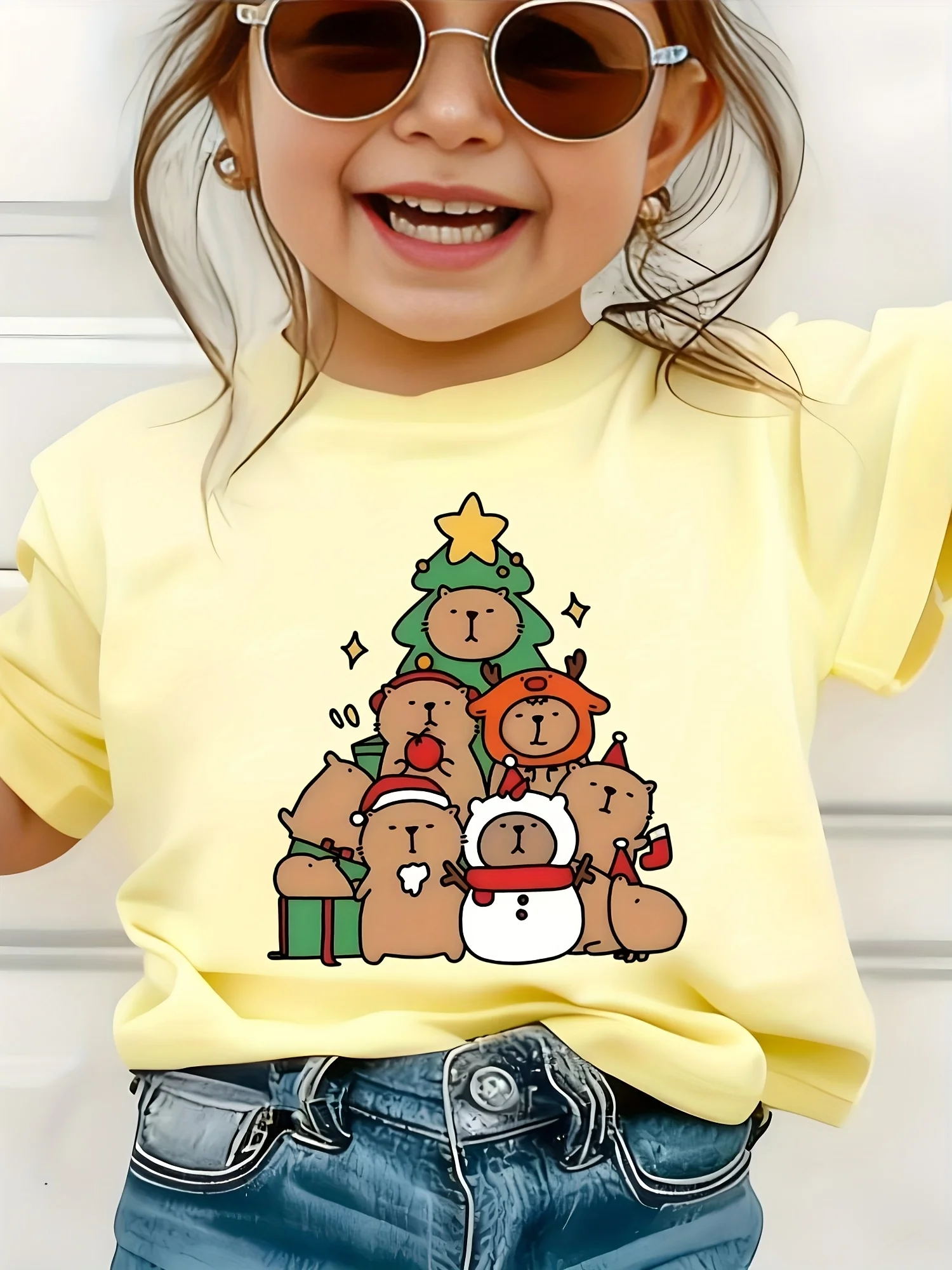 Capybara Xmas Group Print Kids T Shirt Boys Girls Short Sleeve Tee Xmas Tree Gift Parent Child Matching Tops Holiday Kid Outfit