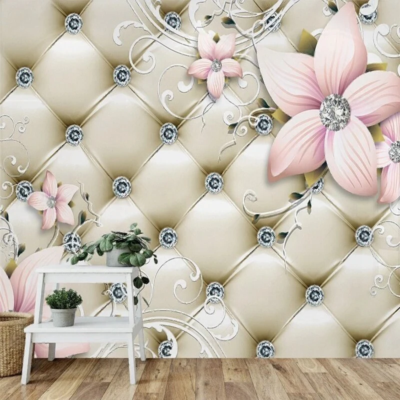 3D High-End European-Style Vintage Pink Flower Diamond-Encrusted Jewelry Soft-Pack TV Sofa Wall Decoration Painting Background