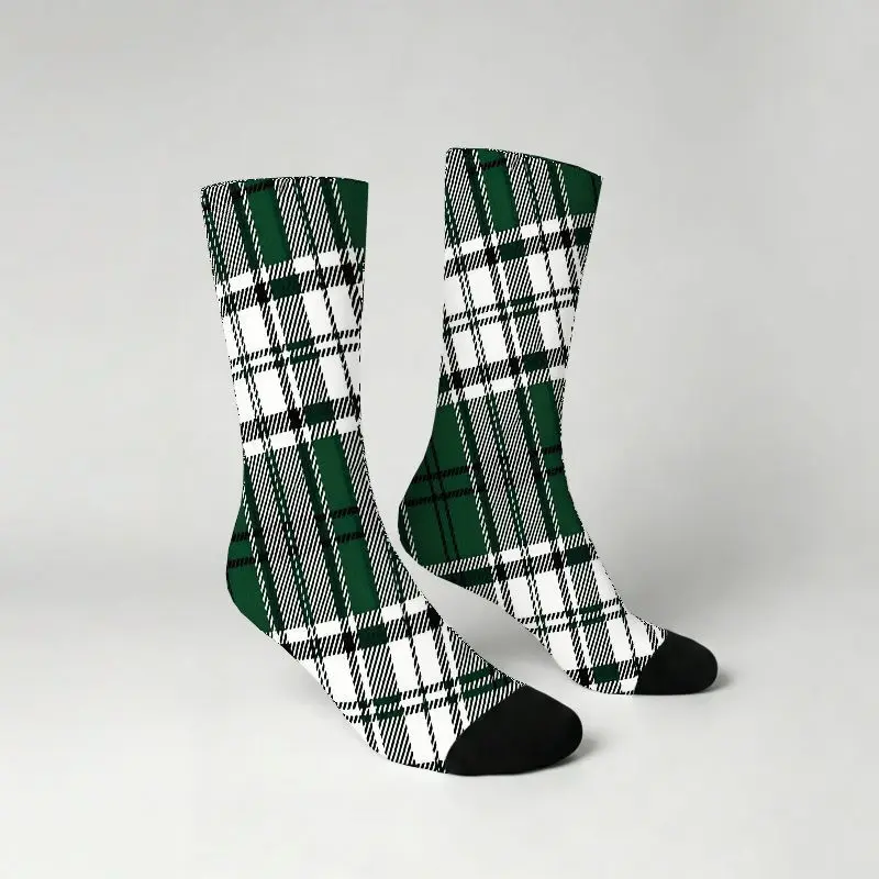 Unisex Green and White Plaid Crew Socks Soft Breathable Full-Body Plaid Print Machine Washable Suitable for Daily Wear