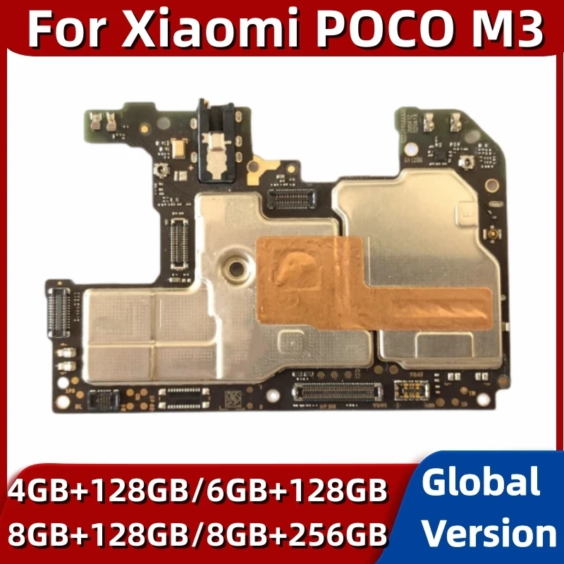 Mainboard for Xiaomi Poco M3, Original Unlocked Motherboard, 128GB, 256GB ROM, Global Version