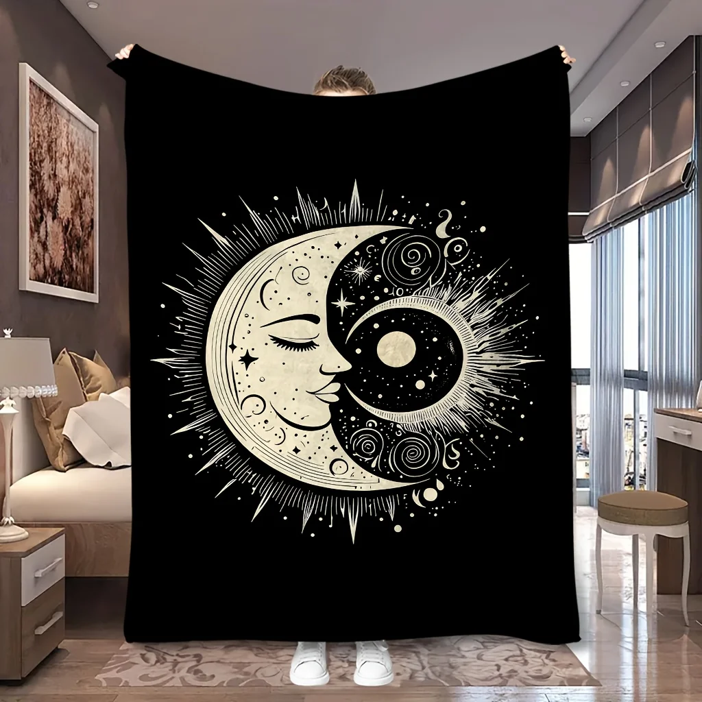 1pc Yin Yang Sun Moon Celestial Print Flannel Blanket, Comfortable and Practical All-season Blanket, Suitable for Blankets, Kid
