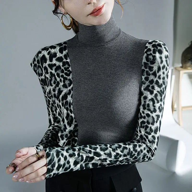 Leopard Printing Patchwork Y2K Bottoming Shirt Spring Autumn New Long Sleeve Slim Elegant Tops Vintage Fashion Women Clothing