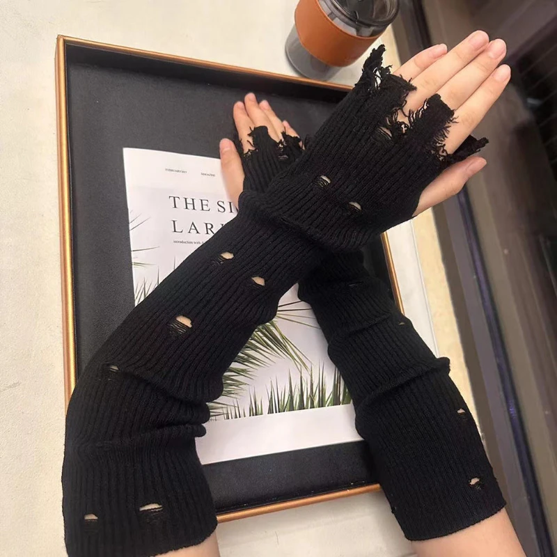 Calentador de brazo sólido para mantener el calor, guantes para mujer, mano elegante Y2k, tejido con agujeros estéticos, puños de manga sin dedos góticos Punk japoneses