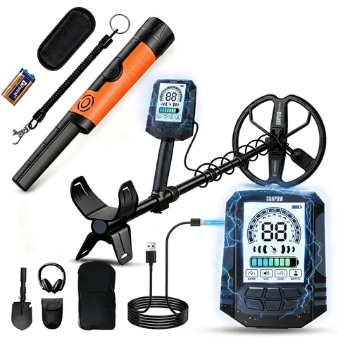 SUNPOW Professional Underground Rechargeable Metal Detector Kit for Adults, 35H Runtime, IP68 Waterproof 10" Search Coil, 4 Detect Modes with Pinpointer Probe, High‑Accuracy Detect Gold Jewelry Coins Relics for Beach Saltwater Yard Field Outdoor
