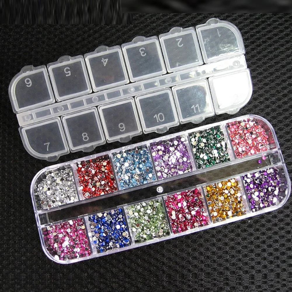 1.5 ملم أحجار الراين مسمار كريستال مستدير ملون يلمع مع حافظة لتزيين الأظافر بنفسك