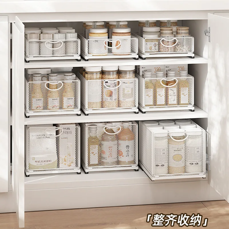 Kitchen Pull-Out Folding Storage Baskets, Spice Bottles and Jars, Shelves, Cabinet Inside Drawer Box