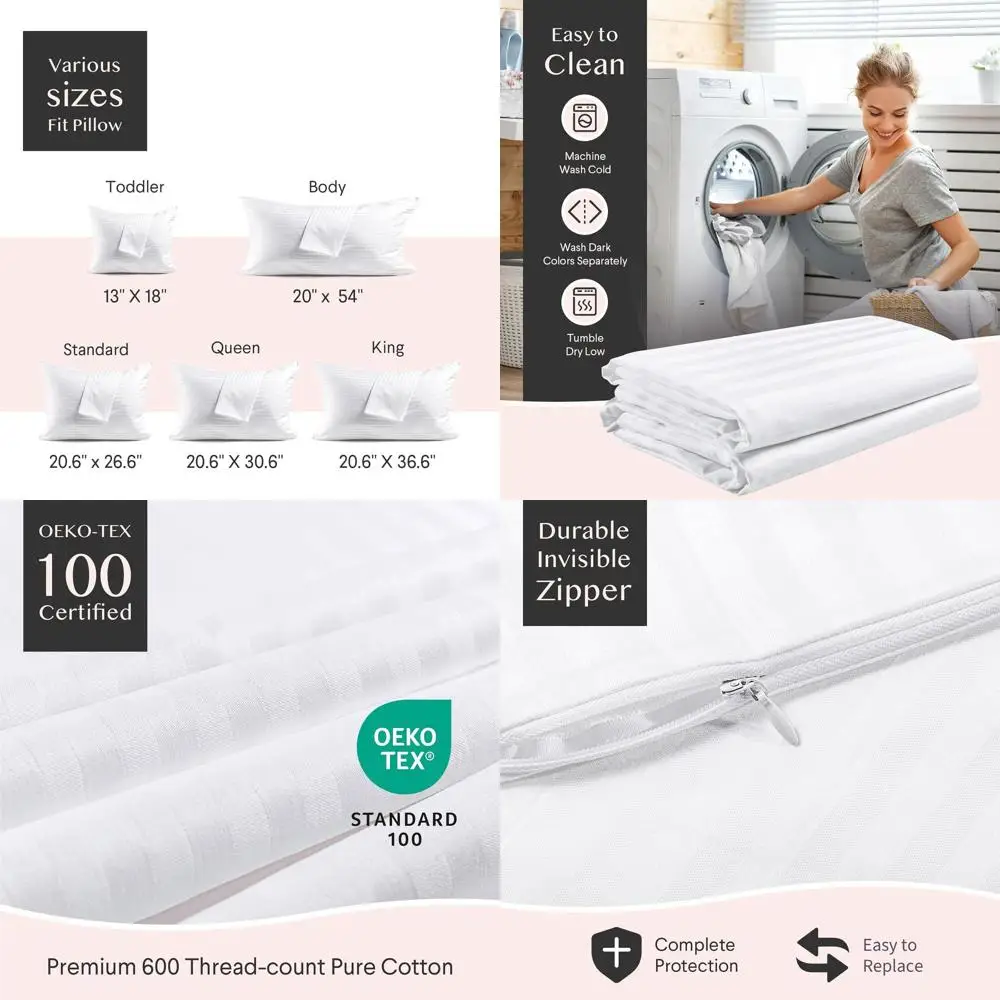 

King Size 600 Thread Count 100% Cotton Pillow Protectors, 4 Pack, Oeko-TEX Certified, Hotel Quality with Silent Zipper, White