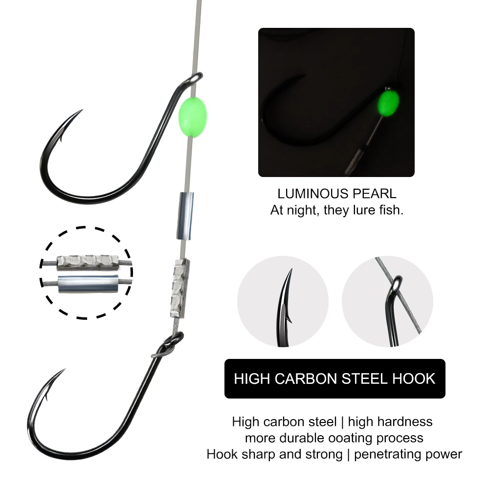 ZYZHE 1/3/5 Stück Angel-Stinger-Rigs mit 49 Strängen Stahldraht-Doppelhaken für Süßwasser- und Salzwasserfischen, Lebendköder-Rigs – Detail 5