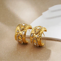 Vintage Stainless Steel Wide Chunky Hoop Earrings for Women Gold Plated Pave Crystal Eyes Earring Statement Jewelry Gifts