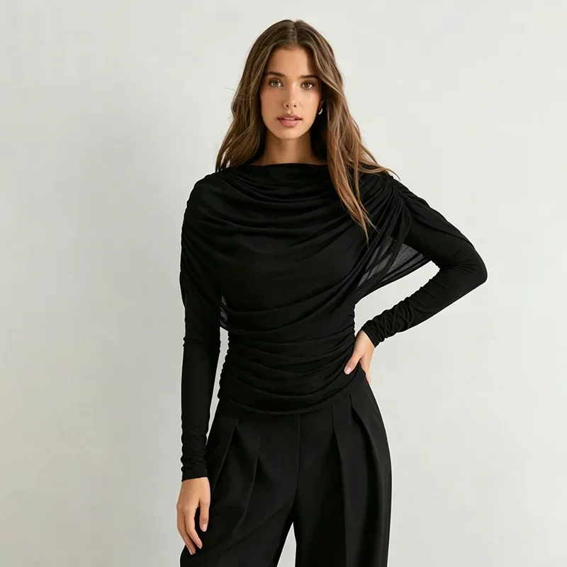 2026 Frühling Sommer Damen Langarm-T-Shirt mit drapiertem Kragen, plissiertem Schal, schmal geschnitten, Stretch-Oberteil, elegant, lässig, Alltagskleidung – Detail 7