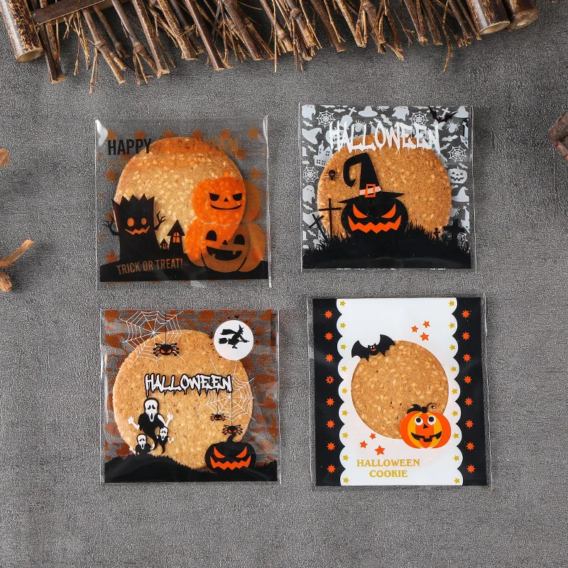 100PCS Halloween Small Cellophane Candy Bags Self Adhesive Clear Cookie Treat Bags for Kids Halloween Party Favor Gift Packing