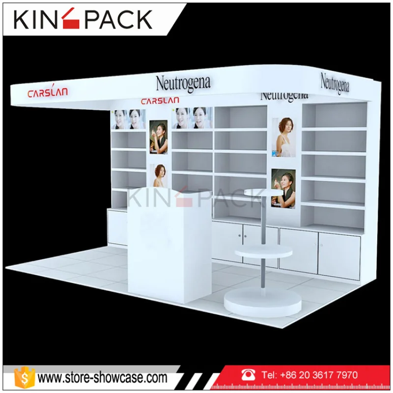 Custom. China factory custom made wooden mall makeup kiosk design cosmetics retail display showcase custom display showcase for