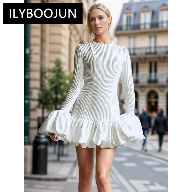 

ILYBOOJUN Solid Chic Dresses For Women Round Neck Puff Sleeve High Waist Spliced Ruffled Minimalist Mini Dress Female Fashion