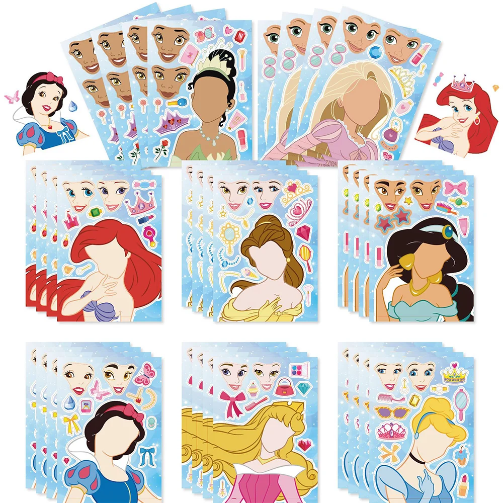 8/16Sheets Disney Princess Children Puzzle Stickers Make-a-Face Funny Cartoon Decal Assemble Jigsaw Children Education Toy Gift