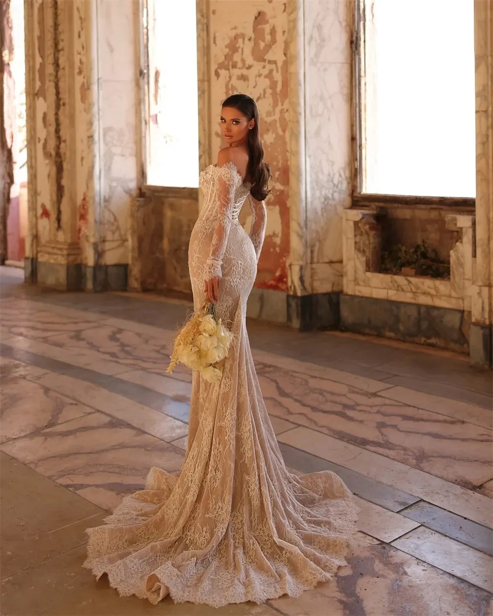 Robe de mariée sirène en dentelle, perles brillantes, fleurs 3D, col en v, épaules dénudées, personnalisée, robes de mariée de rêve pour mariée