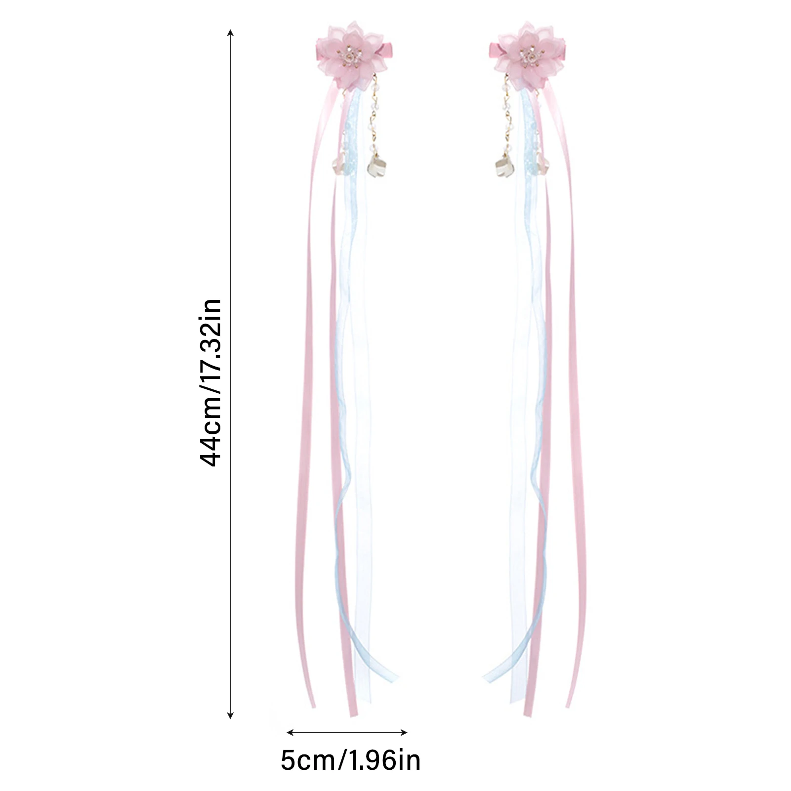 Girls Pink Hair Accessories Blue Ribbon Long Tassel Hairpins Crystal Beads Peals Flower Hair Clips Retro Chinese Hair Jewelry