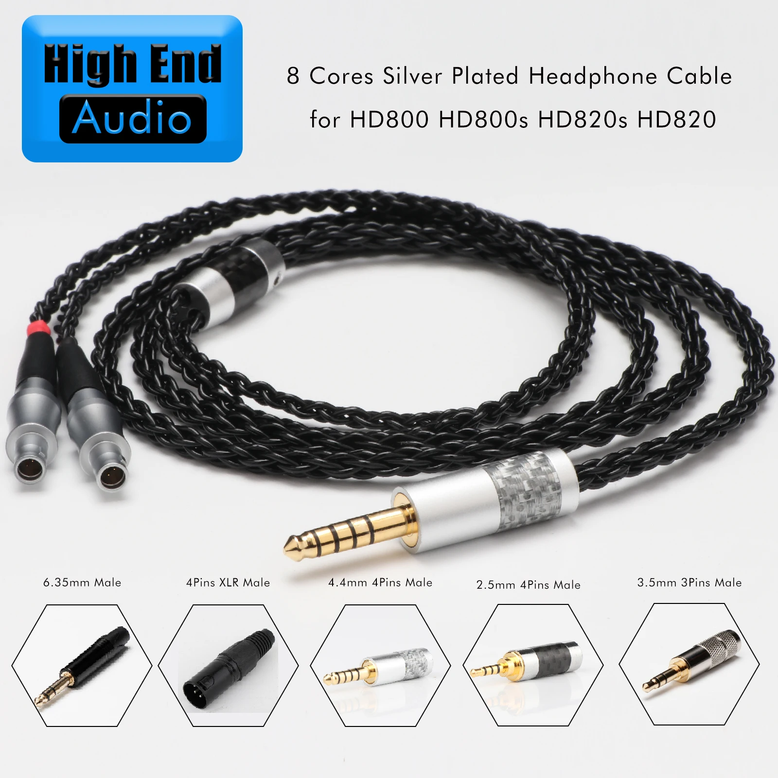 Preffair HiFi 8 Core Male Plug Jack to Headphone Upgrade Cable Compatible with HD800 HD800S - 2.5mm 3.5mm 4.4mm 4pin XLR
