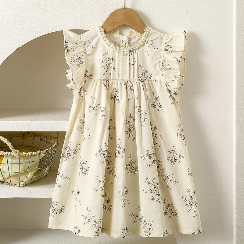 2025 New Summer Sister Clothing 2-6Yrs Baby Girl Birthday Party Dress Flying Sleeve Cotton Print Kids Princess Dresses