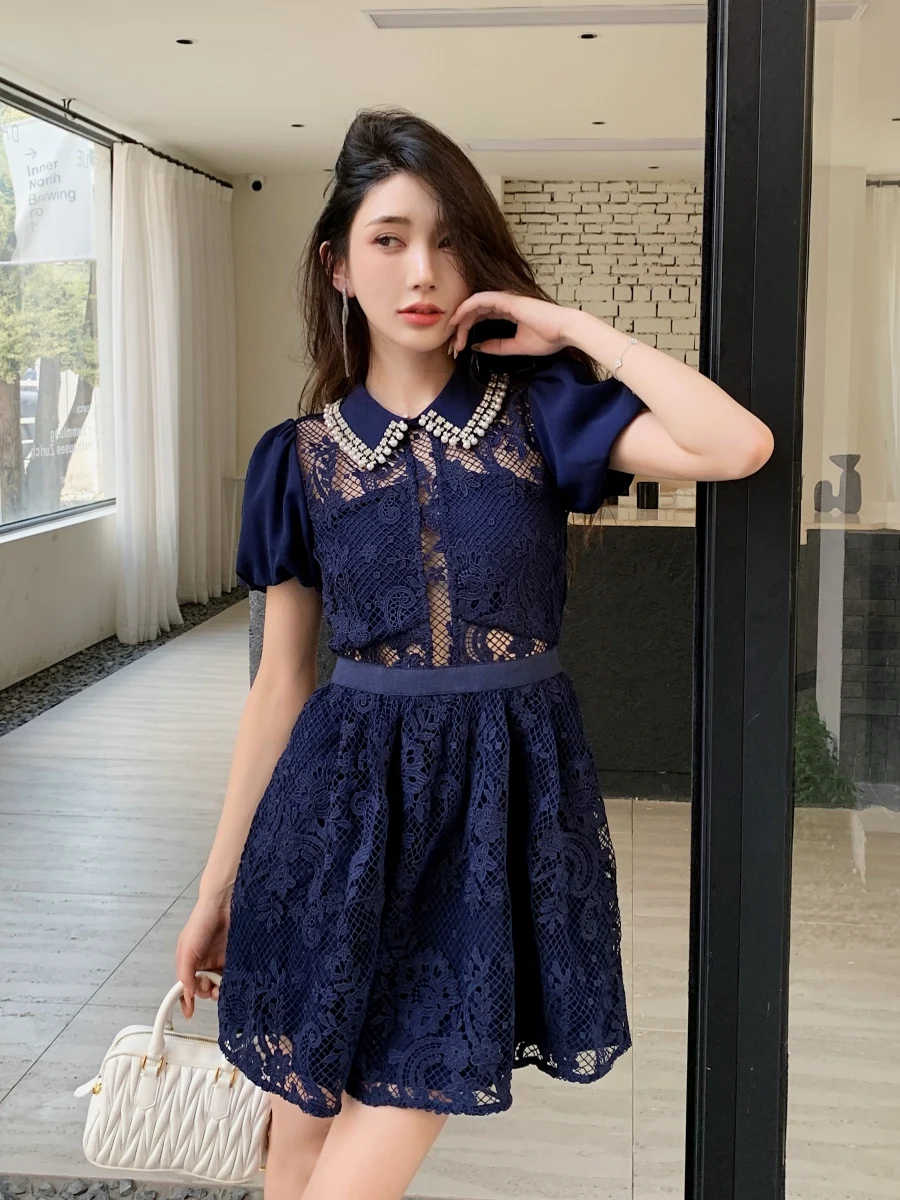 

New 2026 Summer Womens Light Luxury High-End French Ladies Elegant Party Dress Fashion Lace Puff Sleeve Dark Blue Dress Feminine