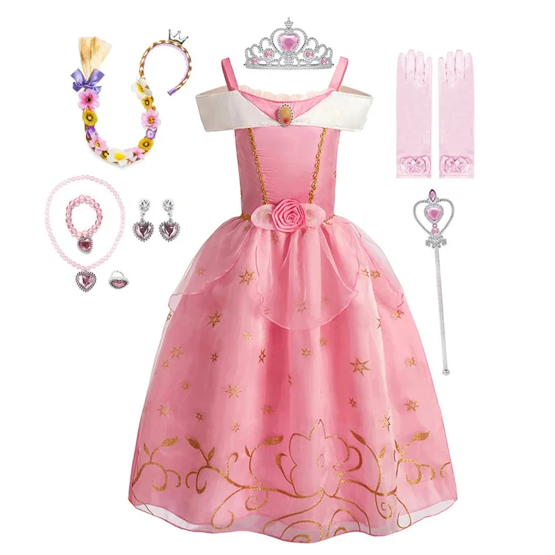Girls Disney Rapunzel Tangled Princess Dress Children Fancy Cosplay Aurora Costume Halloween Carnival Party Gown Outfit Clothes