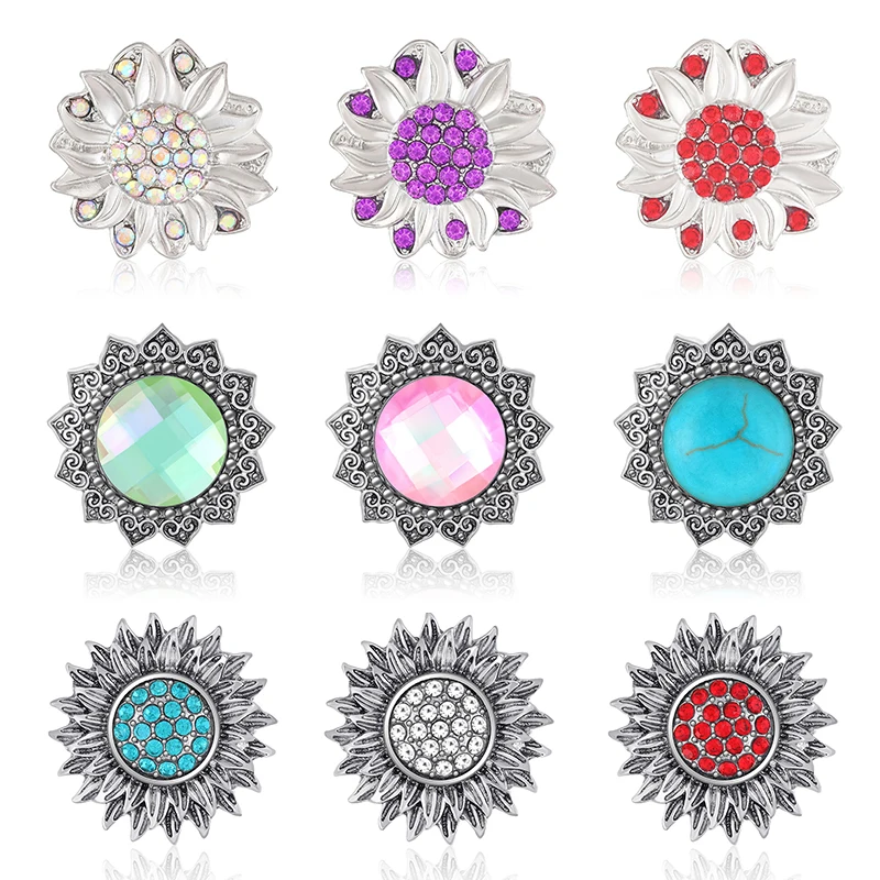 New Beauty Colorful Rhinestone Round Sunflower 18MM snap buttons fit DIY snap bracelet necklace jewelry wholesale