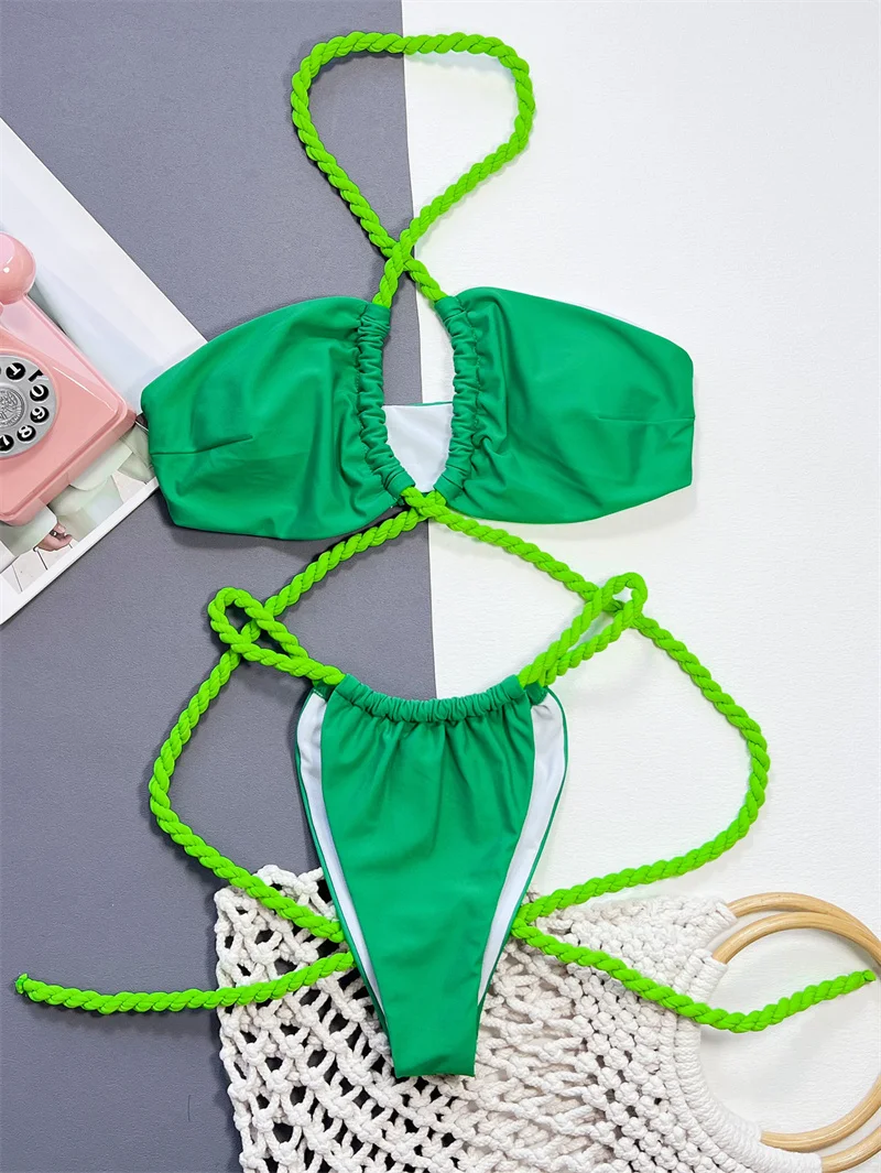 Biquíni para-brasileiro com cruz halter para mulheres, verde, sexy, bandagem, recortada, para a praia, para a praia, 2021