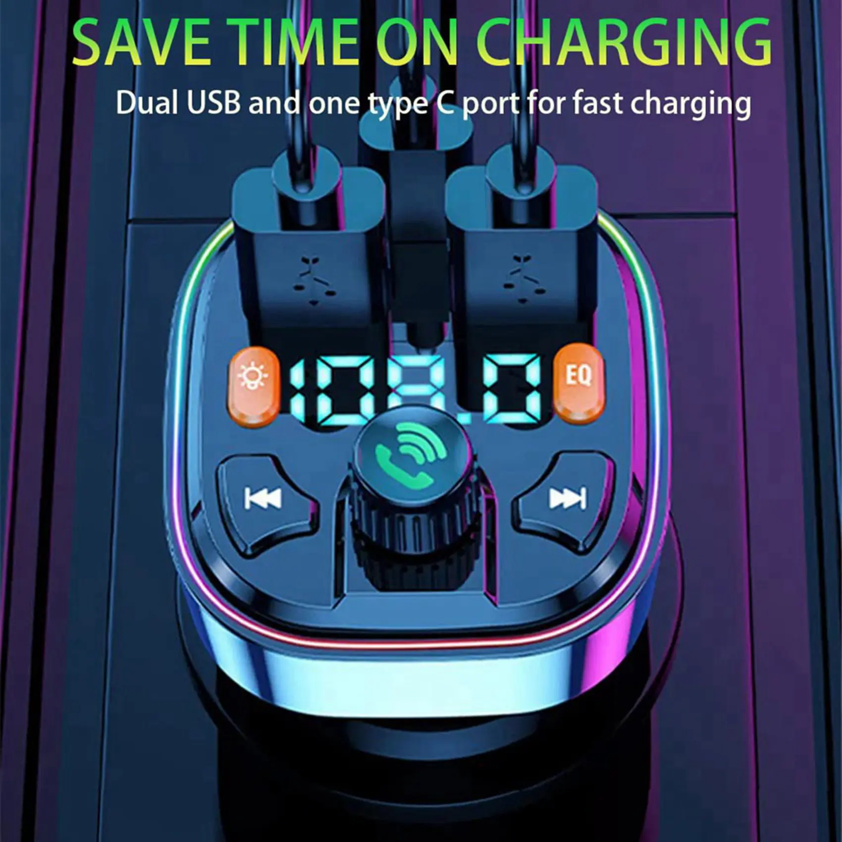 FULL-2X Bluetooth FM Transmitter For Car - Dual USB Port And Type-C PD Car Charger, 7 Colors LED Backlit, MP3 Music Player