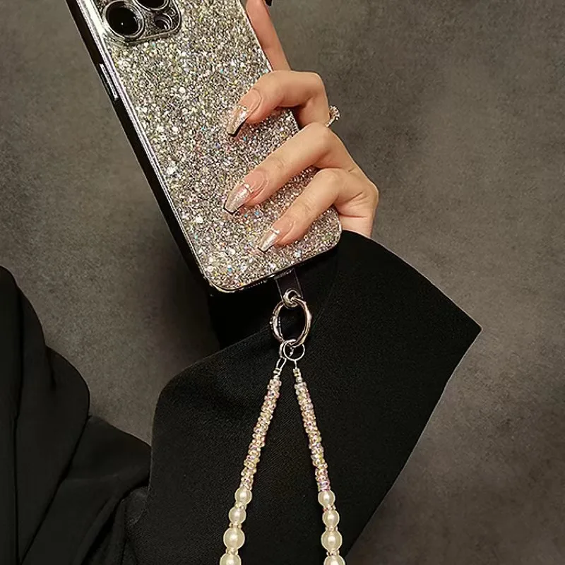 

Electroplated Silver Glitter Glitter Suitable For iPhone 14 Pro Max Rhinestone Pearl Lanyard 15 13 12 11 Protective Case
