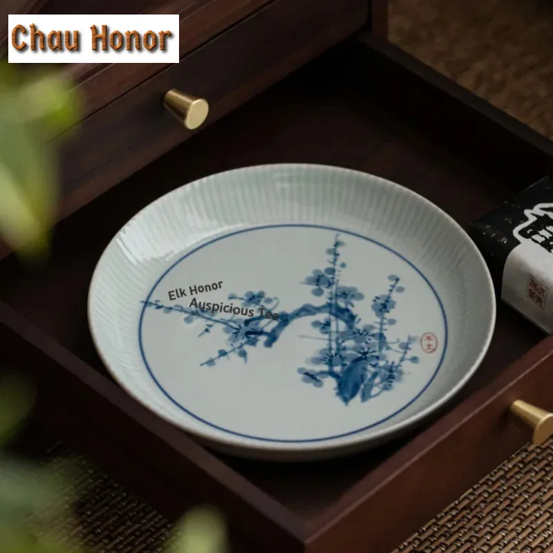 Retro Blue And White Ceramic Tea Tray Hand-painted Samuume Teapot Holder Dry Bubble Tray Teapot Refreshment Tray Tea Accessories