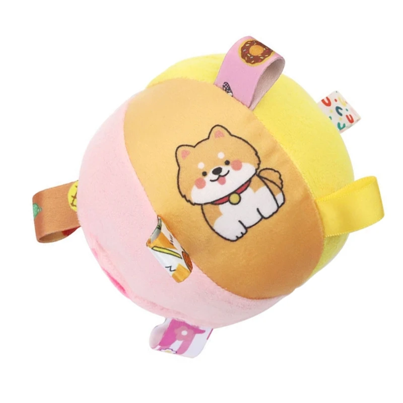 Small Dog Plush Ball Toy with Bells Sound and Ribbon Tab, Soft Indoor Enrichment Toy for Fetching, Toss and Cuddle J0MC