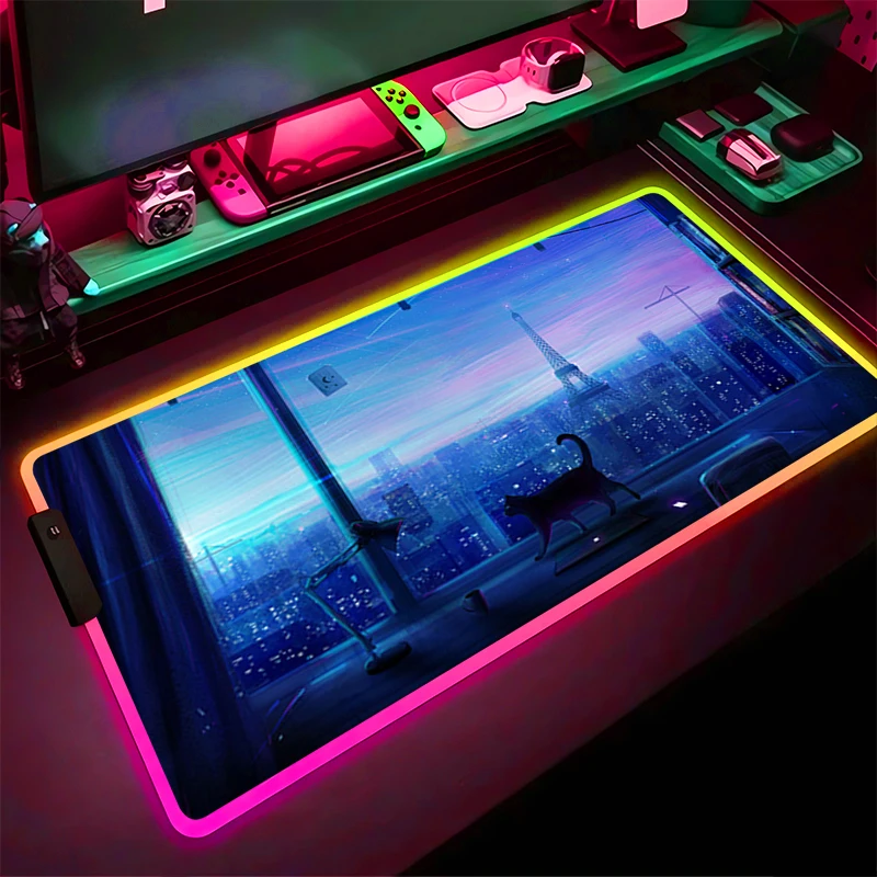 

RGB светодиодный коврик для мыши, компьютерный геймер, аксессуары для ПК, коврик для мыши, резиновый удлиненный коврик HD, нескользящий настольный коврик, коврик для клавиатуры с облаками и котом для ноутбука