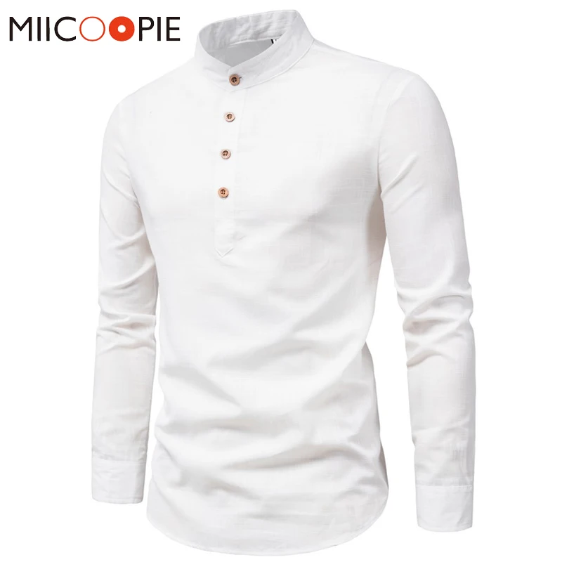 Men Solid Color Stand Shirts Top Breathable Linen Long Sleeved Mens Slim Clothes Shirt National Style Male Casual Blouse Camisas