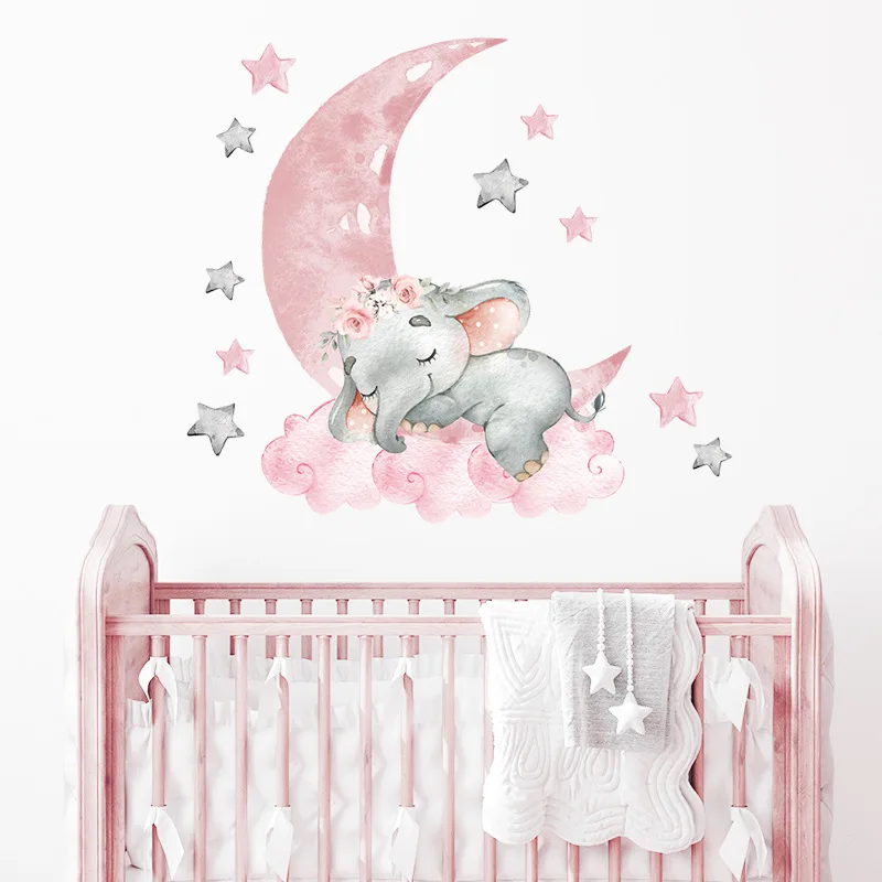 Cartoon Animal Wall Decals Bunny Elephant Moon Wall Stickers for Baby Boy Bedroom Baby Girl Room Decoration Kids Room Wallpaper