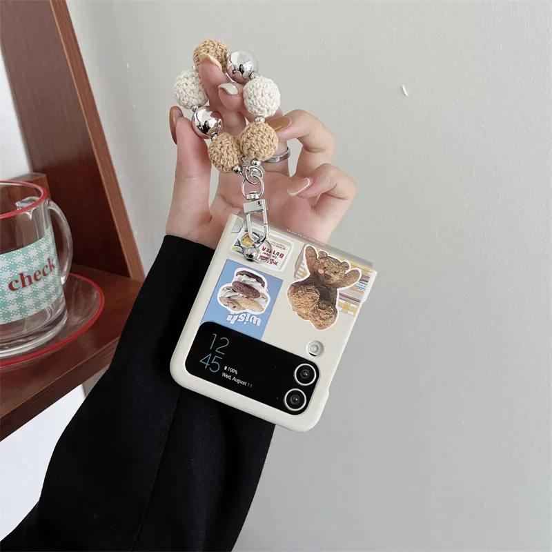 곰 인형 체인 휴대폰 케이스, 삼성 갤럭시 Z 플립 6 5 4 3 용 보호 후면 커버, ZFlip4 ZFlip5 ZFlip6 케이스 쉘