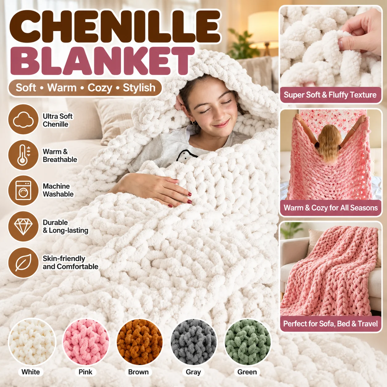 Handmade Chunky Knit Blanket Thick Chenille Coarse Wool Woven Throw for Sofa Couch Photography Prop