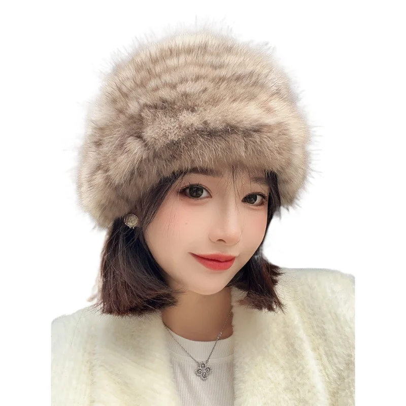 

sable fur hat women's winter new thickened thermal ear protection mink hair round hat mink woven hat