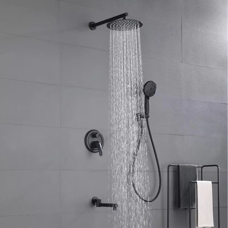 Top Quality Brass shower faucet set 250*250mm round wall mounted black shower mixer faucet 3 way Hot cold bathroom shower set