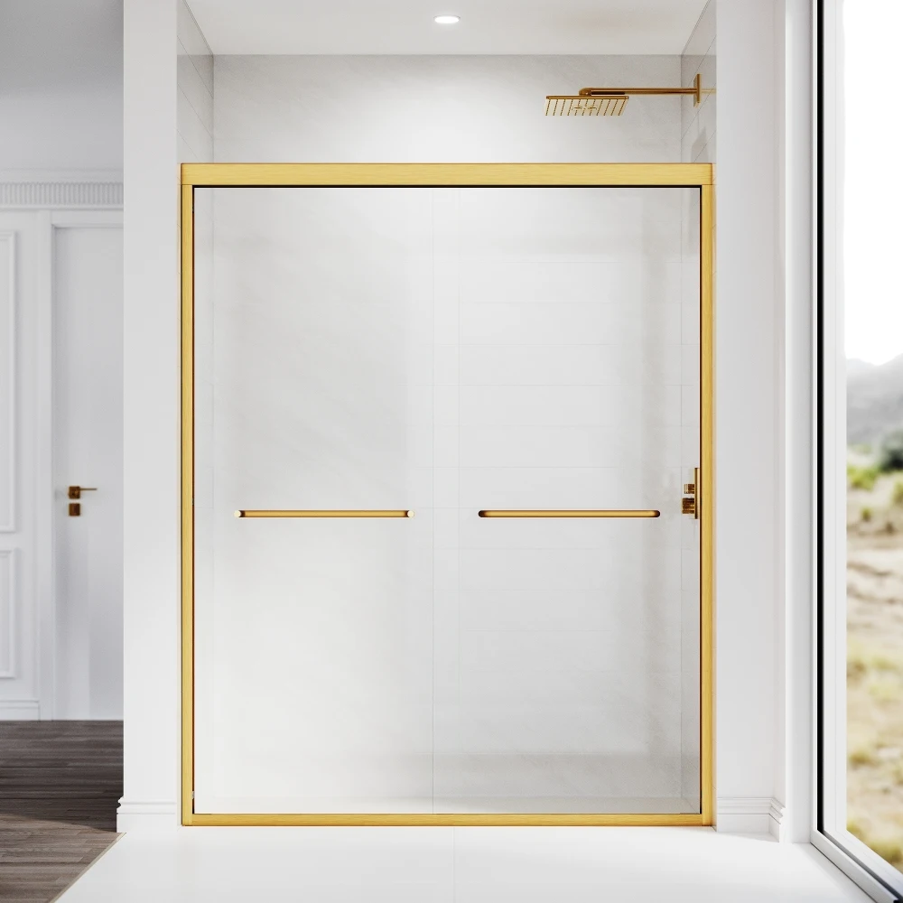 

Sliding Shower Glass Door 56-60Wx72H, Adjustable Semi Frameless, Certified Thick Clear Tempered Glass,304 Handles Brushed Gold
