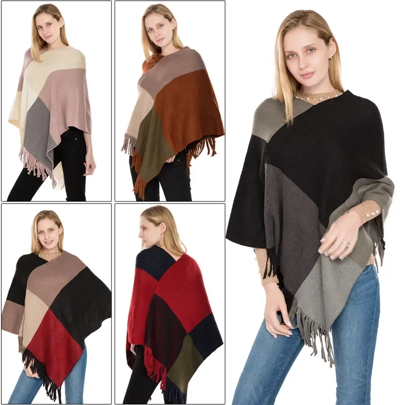 New Color Matching Knitted Warm Shawl Autumn Winter New Tassel Pullover Cape Ponchos for Women