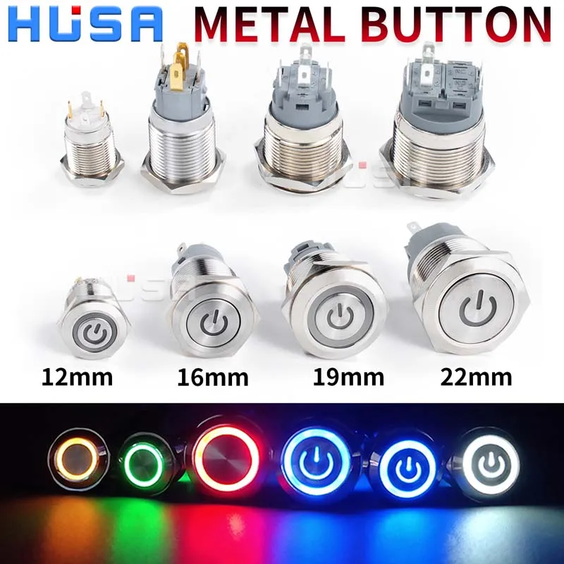 12/16/19/22mm Waterproof Metal Push Button Switch LED Light Momentary Latching Car Engine Power Switch 5/12/24/220V silver1NO1NC