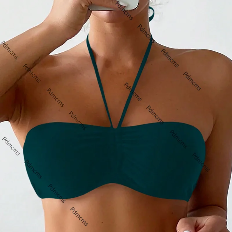 

2025 new swimsuit European and American solid color suspender sexy beach swimsuit women's bikini top