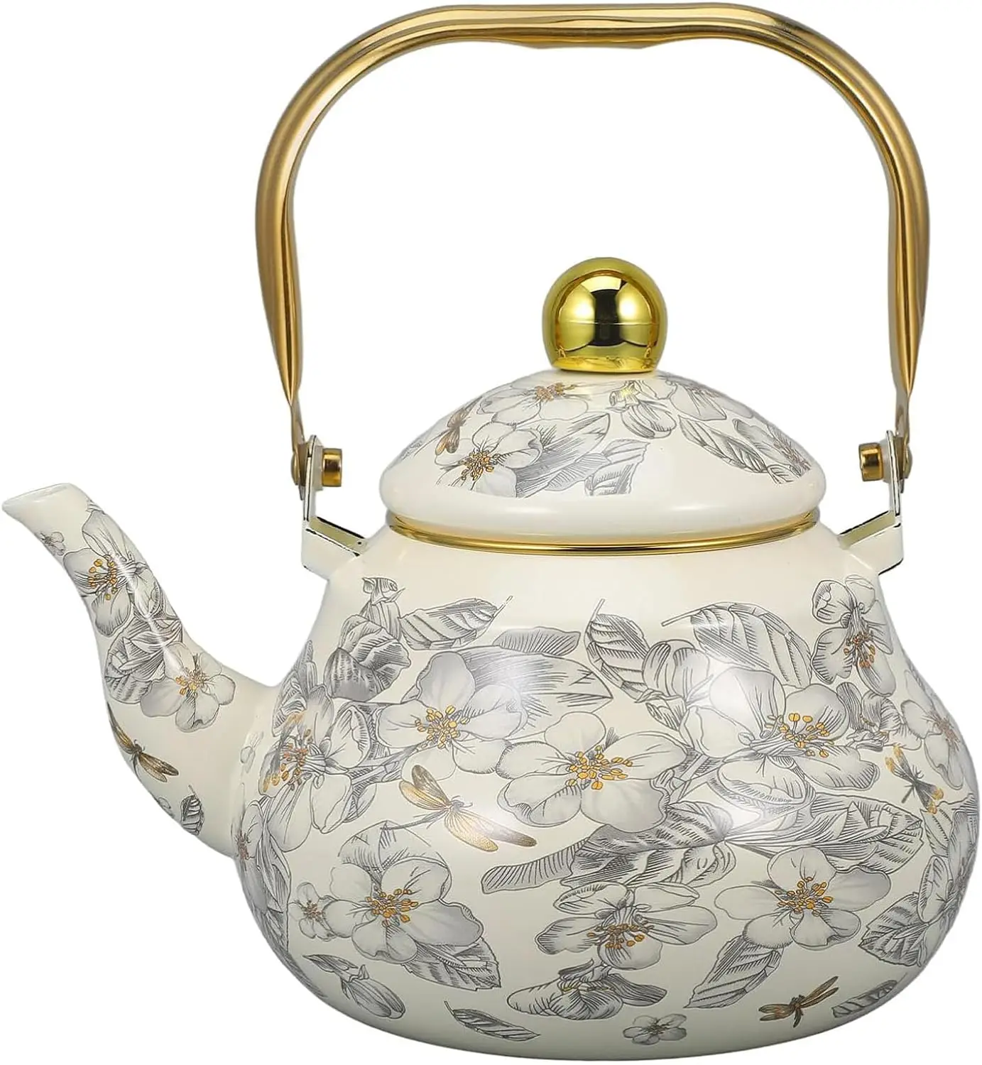 Tetera esmaltada vintage, tetera de acero con diseño floral, tetera de agua caliente para inducción, estufa de gas, leña, 2,5 L