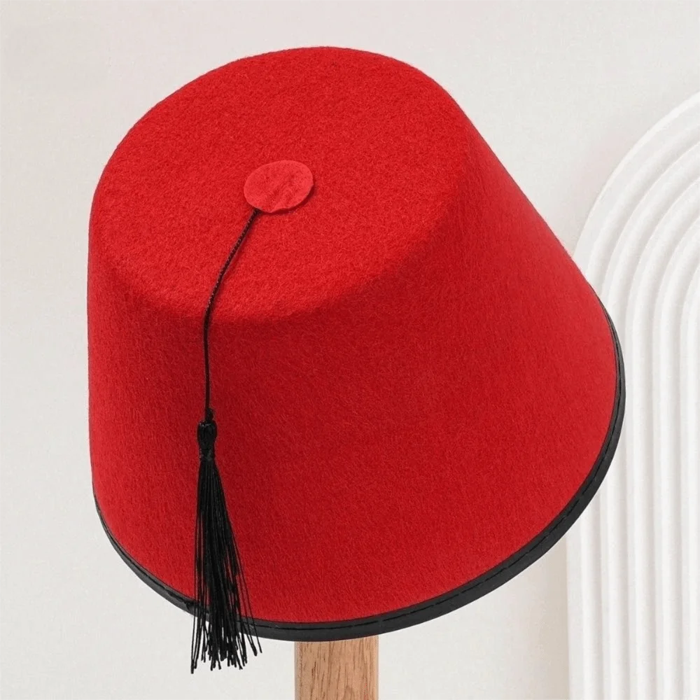 Traditional Felt Fez Cap Breathable Round Moroccan Hat Red Color Turkish Tassels Cap Universal